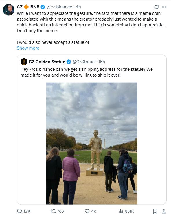 CZ拒绝了收到与表情包相关的雕像礼物